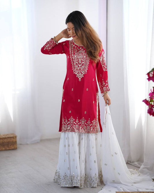Heavy Pure Chinon And Embroidery Sequence With Fully Flair With Lace Border Sharara Palazzo