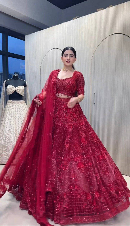 Net With Thread , Dori , Sequins & Pearl Beads Work All Over Front & Back Blouse Type Lehenga Choli