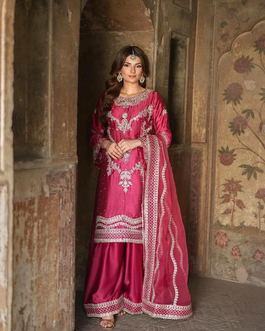 Heavy Chinon Silk With Embroidery Sequence Work And Heavy Micro Cotton Sharara Dress