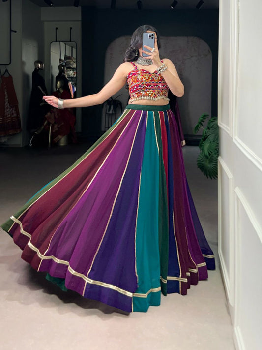 Georgette With Real Mirror Gamthi Work & Cowrie Lace Touch Up With Canvas Lehenga Choli