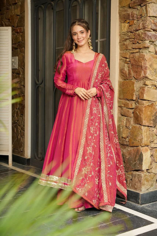 Roman Simmer Silk And Embroidery Sequence Work With Lace Border With Elastic Palazzo Gown