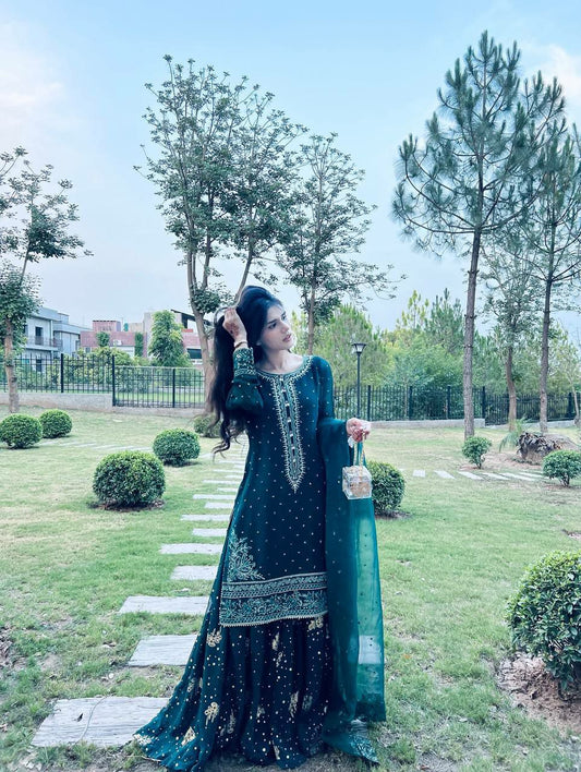 Faux Georgette With Micro Cotton And Heavy Embroidery Sequence Work With Fully Flair Top & Lehenga