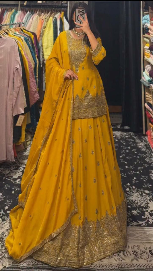 Chinon Silk And Embroidery Siquence Work With Round Neck Type Lehenga
