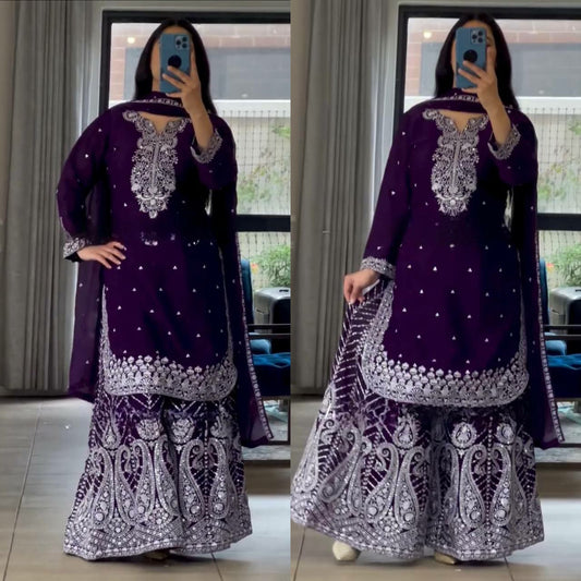 Heavy Chinon Silk With Heavy Embroidery Work & Fancy Latkan Dori With Fancy Borders Less Work Palazzo Dress