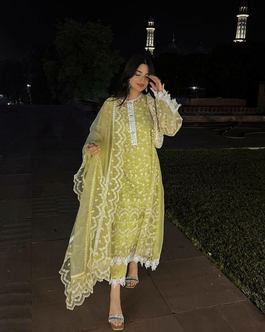 HEAVY SOFT NET WITH FRONT AND BACK BOTH SIDE FULL EMBROIDERED WORK WITH ZIPYO LESS PLAZZO DRESS