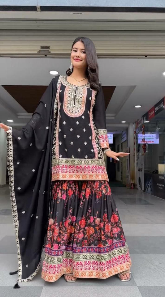 HEAVY FUAX GEORGEET WITH DIGITAL PRINT WITH EMBROIDERED SEQUENCES WORK TOP & PALAZZO DRESS