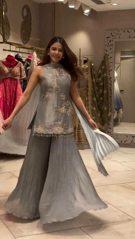Pure Natural Crepe Silk With Fancy Embroidery And Sequins Worked With Hanging Latkan Lace With Elastic Palazzo Dress