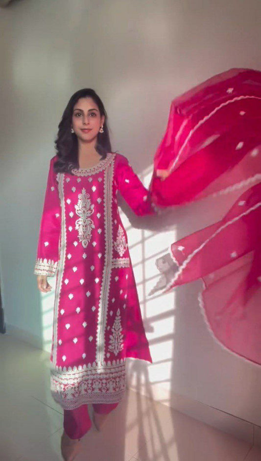 Roman Silk With Chine stich Silk Work With Elastic & Organza silk With Four Side Lace Border Work Dupatta Palazzo Dress