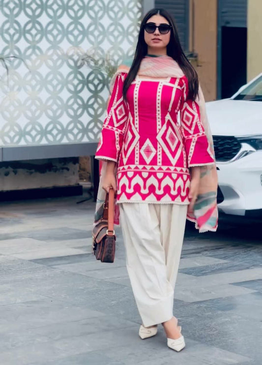 Pure Natural Crepe And Digital Print With Elastic With Sleeves And Dupatta Type Palazzo Dress