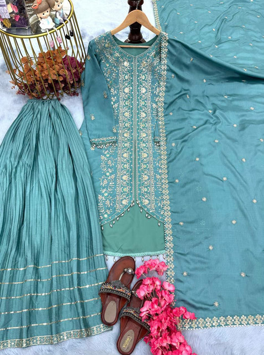 Heavy Pure Chinon Silk With Heavy Embroidery Sequence Work & Four Side Lace Border Sharara Palazzo