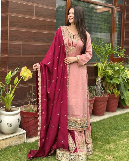 Pure Heavy Chinon Silk With Heavy Micro Cotton And Heavy Embroidery Siquence Work Sharara Dress