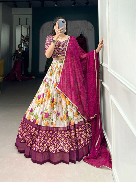 Tussar Silk With Floral And Patola Print With Foil Work & Drawstring With Heavy Tassels And Zip Type Lehenga Choli