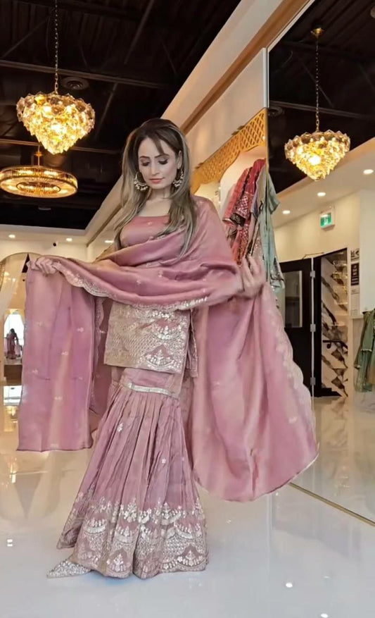 Heavy Chinon Silk & Embroidery Sequence With Fully Flair And Lace Border Sharara Palazzo