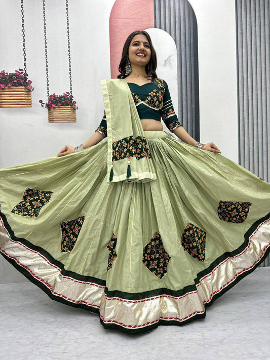 Pure Cotton With Lumpi Lace Border And Ribbion Work With Hand Pasting Butta Work & Canvas Patta Type Lehenga Choli
