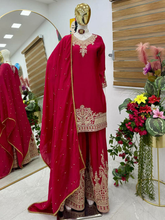 Chinon Silk With Micro Silk And Coding Embroidery Siquence Work With Less And Moti Work Dupatta Type Sharara Dress