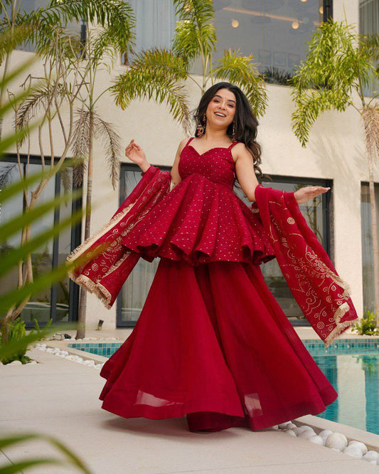 Tabby Organza With Micro Inner And Mukesh Work With Four Side Lace Border Palazzo Dress
