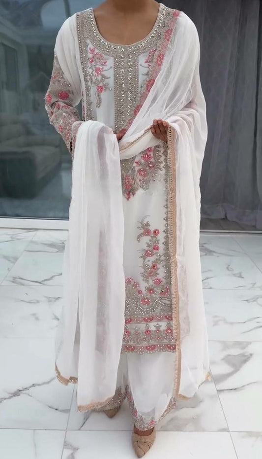 HEAVY FAUX GEORGETTE WITH BEAUTIFUL EMBROIDERY SEQUENCE & THREAD WORK WITH LACE BORDER PALAZZO KURTI