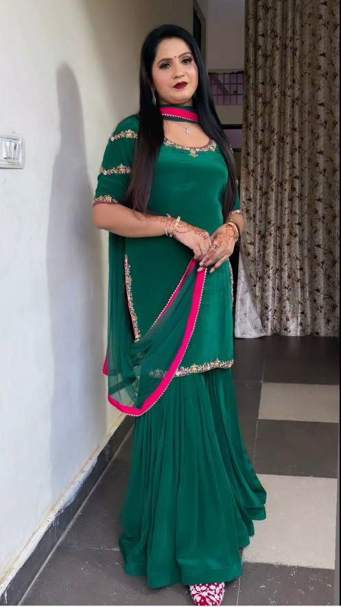 Natural Crepe With Inner And Thread With Sequence Work & Fancy Lace Work Dupatta Sharara Suit