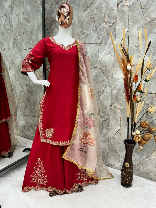 CHINON & ORGENZA WITH DIGITAL PRINT AND SEQUANCE EMBROIDERY WORK WITH FULL FALAIR GHARARA