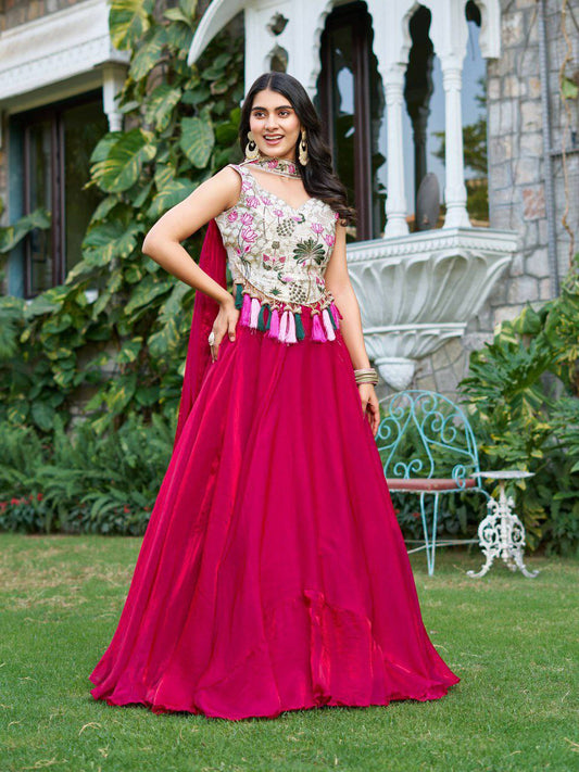 Pure Simar Tissue Silk With Heavy Embroidery Sequence & Thread Work With Attached Canvas And Cancan With Dori Type Lehenga Choli