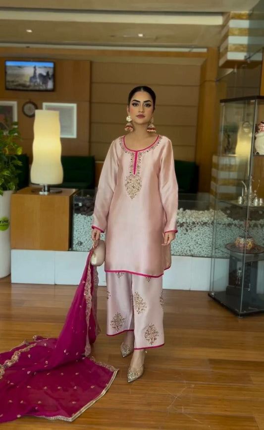 HEAVY MOSS SATIN WITH EMBROIDERY SEQUENCES WORK AND HEAVY FUAX GEORGETTE DUPATTA TYPE PALAZZO DRESS