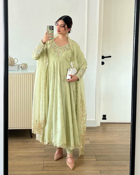 Heavy Georgette With Full Heavy Embroidery Rambo Sequence Work With Moti Work Bottom Gown