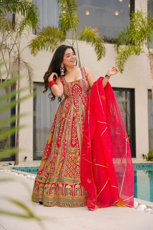 Digital Printed Jimmy Organza Silk Suit With Huge Flair & Stylish Organza Dupatta With Lace Border And Jaipuri Hand Crafted Chakkar Anarkali Gown