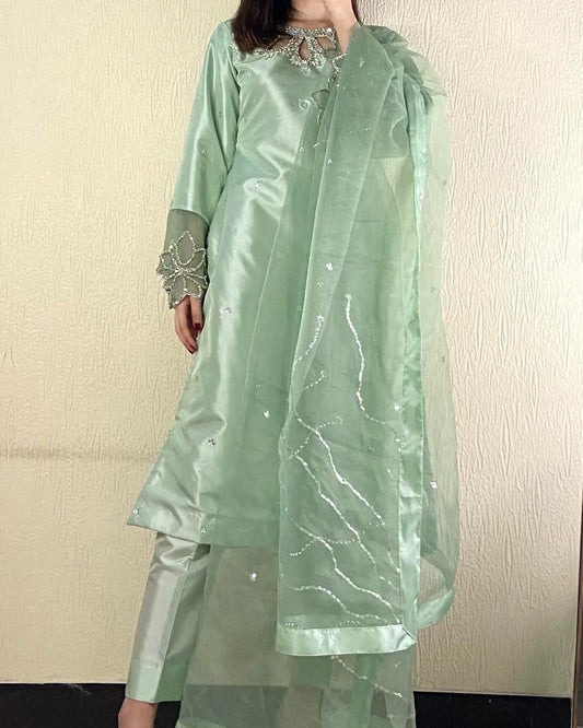 MOSS SATIN AND ORGANZA IN SLEEV BELT & EMBROIDERY WITH BEADS AND SEQUENCE WORK DRESS