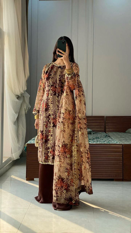 Heavy Faux Georgette With Heavy Embroidery Sequence Work And Rivet Moti Work With Digital Print Type Palazzo Dress