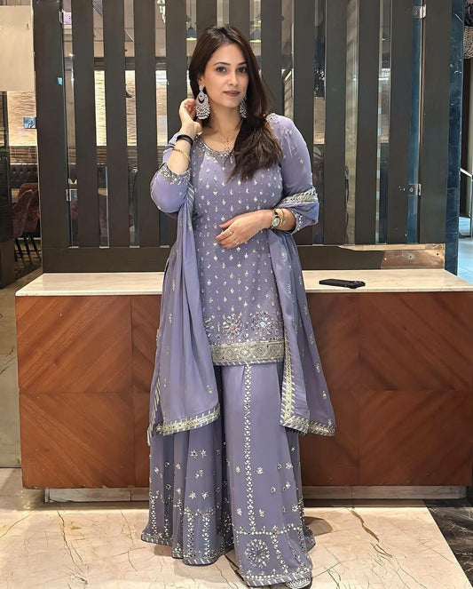 HEAVY FUAX GEORGEET WITH EMBROIDERED SEQUENCE WORK & REAL MIRROR WORK PALAZZO DRESS