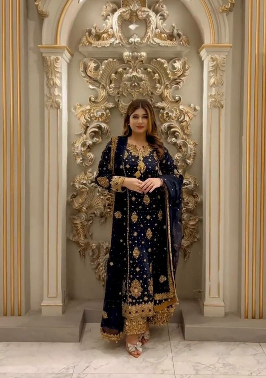 HEAVY FAUX GEORGETTE AND BEAUTIFUL EMBROIDERY SEQUENCE WORK WITH LACE BORDER PALAZZO KURTI