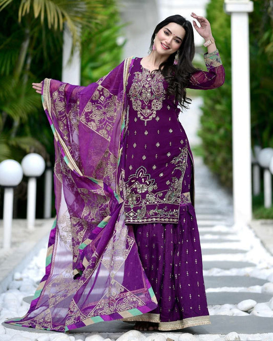 HEAVY FAUX GEORGETTE AND PURE CHINON SILK WITH ATTRACTIVE EMBROIDERY SEQUENCE AND THREAD WORK SHARARA KURTI