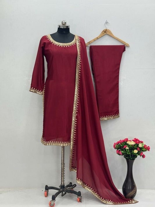 HEAVY CHINON WITH HEAVY EMBROIDERED SEQUENCE WORK AND BODER WORK TYPE DRESS