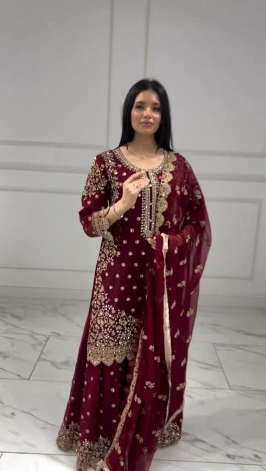 Heavy Faux Georgette With Heavy Embroidery And Sequence Work With Cut Work Palazzo Dress