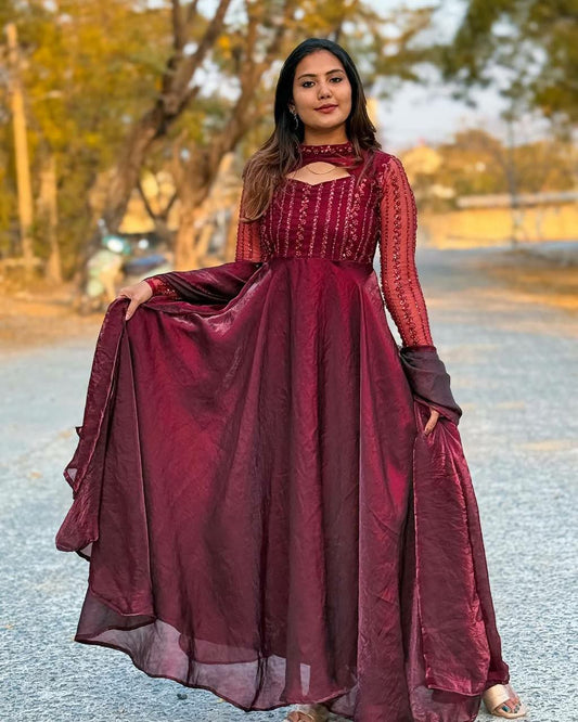 Pure Heavy Jimmy Choo With Micro Cotton And Sequence and Embroidery Work Anarkali Dress