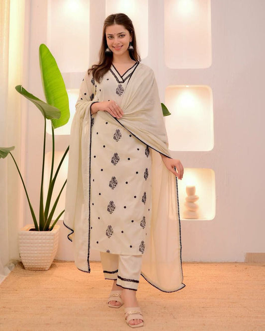 ROMAN SILK WITH EMBROIDERY WORK AND LACE ON NECK YOCK WITH LACE ON MOLI TYPE DRESS