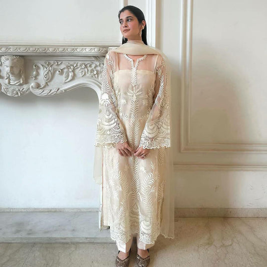 HEAVY SOFT NET AND EMBROIDERY WORK WITH CUT WORK FANCY WORK SLEEVES TYPE DRESS