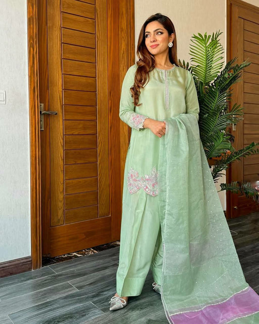 HEAVY NATURAL CREAP WITH HEAVY EMBROIDERED SEQUENCE WORK & FANCY GOTA PATI WITH REAL MIRROR HAND WORK DUPATTA TYPE PALAZZO DRESS