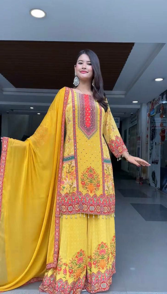 HEAVY NATURAL SILK AND FANCY DIGITAL PRINT WITH REAL MIRROR HAND WORK AND FANCY LESS PALAZZO DRESS