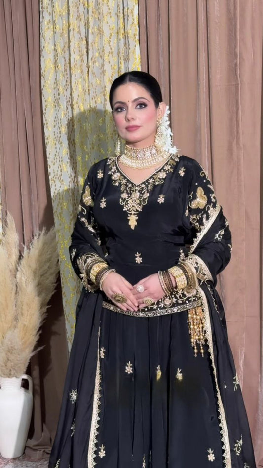 Neutral Crepe Silk With Sequence Work And Multi Needle Embroidery Work And Zari Work Top & Lehenga