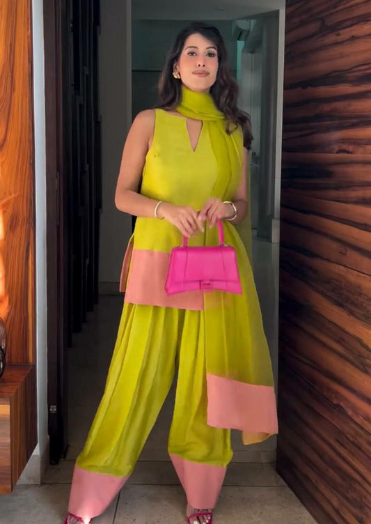 Natural Crap Silk And Tassels with Elastics And Pure Orgenza Silk Dupatta Type Top & Farshi Palazzo