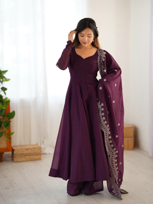Heavy Fandy Silk And Micro Cotton With Embroidery Sequence Work With Full Sleeves Bottom Gown