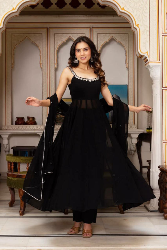 Faux Georgette Fully Stitch Anarkali Gown & Plazo With Dupatta Set At Lower Price