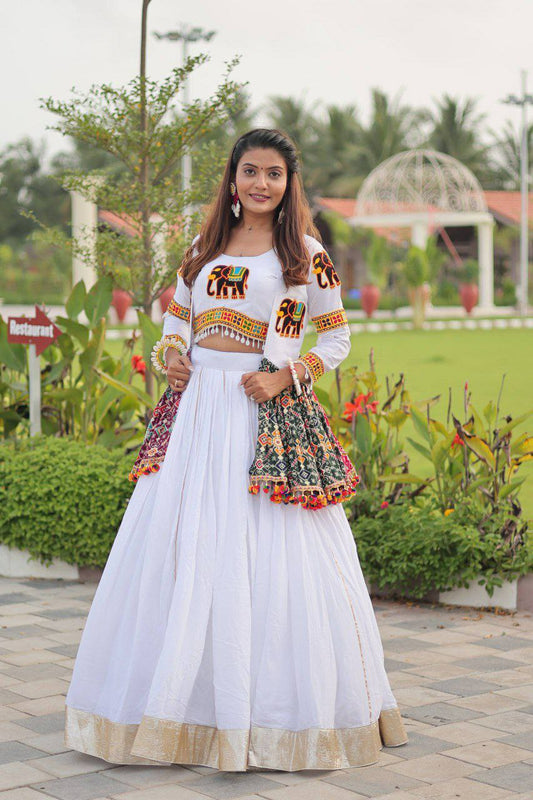 Pure Cotton And Heavy Gamthi Work & Kodi Lace With Koti With Ribbion Lace Lehenga Choli