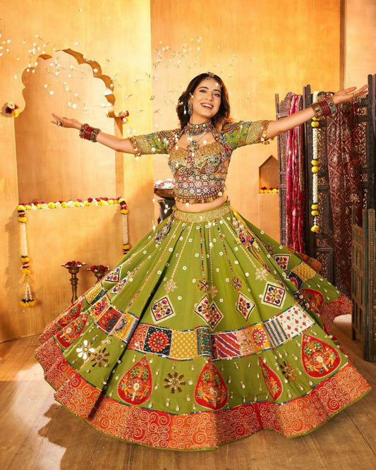 Heavy Muslin Cotton With Beautiful Digital Print With Real Mirror Work & Kodi Work & Fancy Coin Lace Lehenga Choli