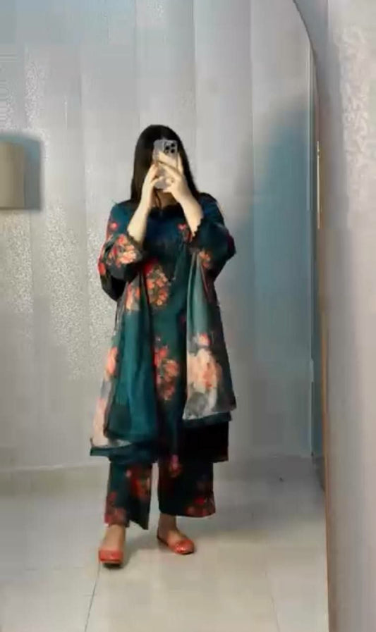 Heavy Natural Crape With Heavy Micro Cotton And Beautiful Digital Print Work And Embroidery Work Top & Bottom Dress