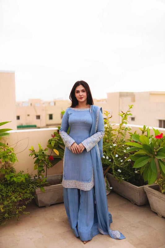 Heavy Faux Georgette With Heavy Micro Cotton And Embroidery Sequence Work With Fully Flair And Lace Border Sharara Palazzo Dress