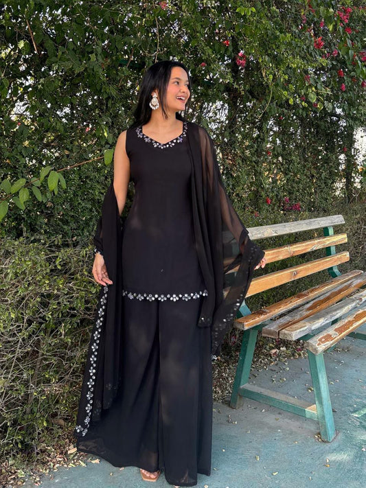 Georgette Kurta And Pure Georgette Palazzo With Elastic & Real Mirror Work Border Dupatta Type Palazzo Kurta