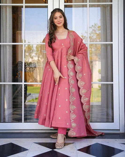 Heavy Gold Crush Silk With Heavy Crepe And Full Heavy Embroidery Sequence Work Gown & Bottom Set