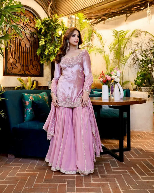 HEAVY JIMMY CHOO ORGANZA AND HEAVY EMBROIDERED SEQUENCE WORK SHARARA DRESS